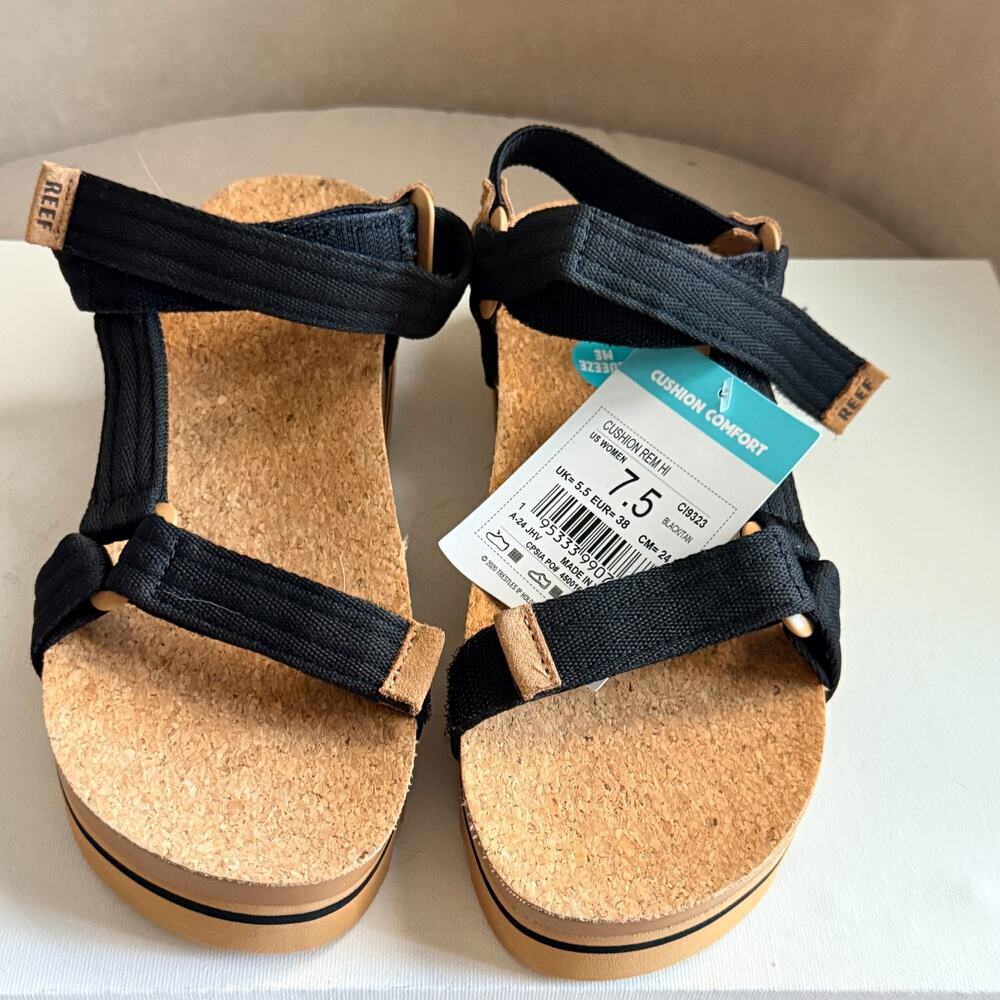 Reef Cushion Rem Hi Platform Sandals Women's Size 7.5 Black Tan NWT Cork CI9323